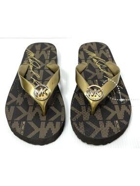 Michael Kors Flip Flops Womens Size 5 Brown Gold Logo Sandals Shoes NWOT